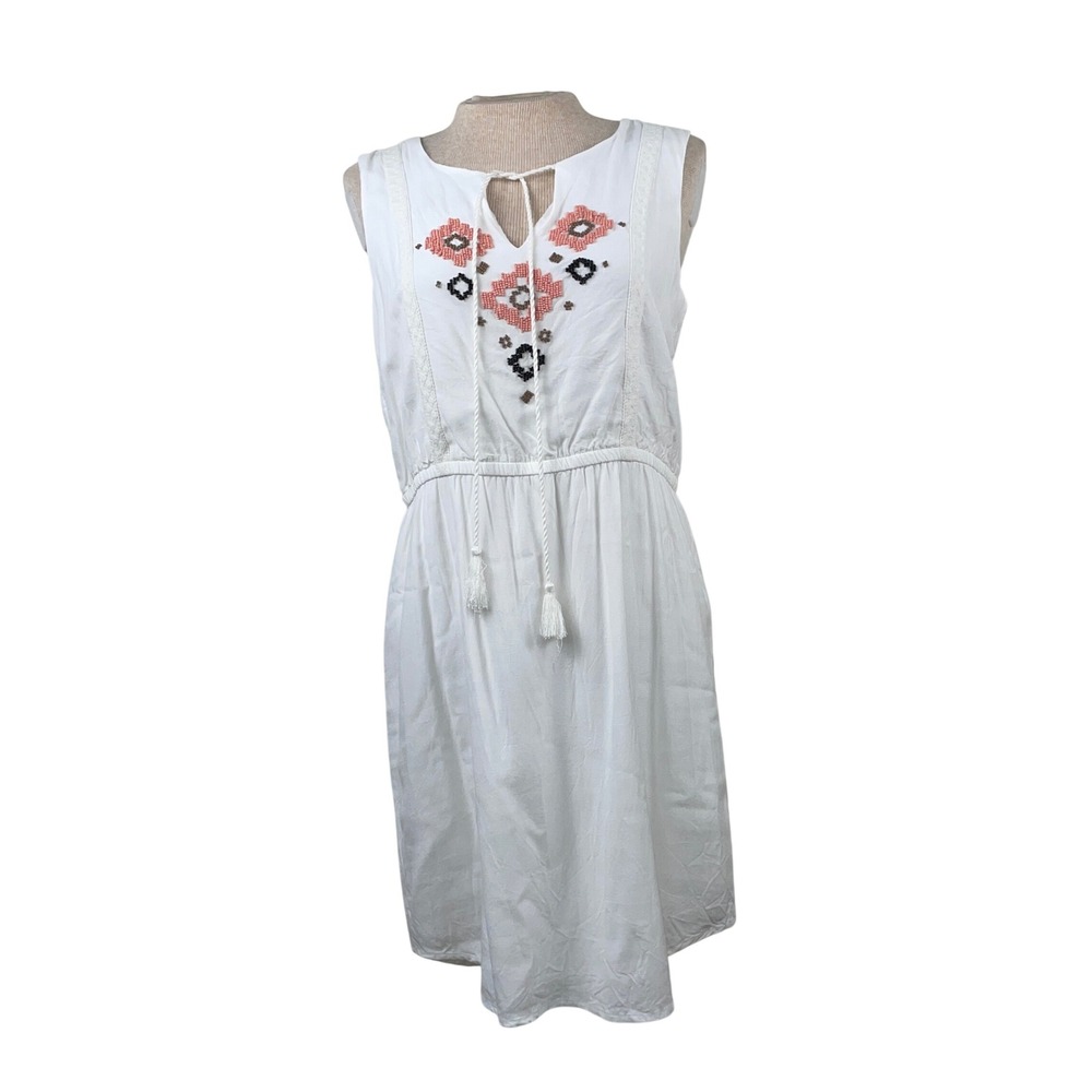 Kenji White Beaded Sleeveless Boho Midi Dress Tassel Tie Elastic Waist Women's 6